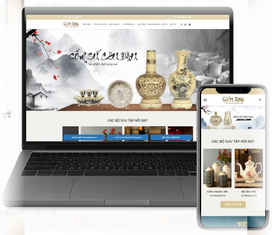 Mẫu website ngành gốm trên laptop và điện thoại